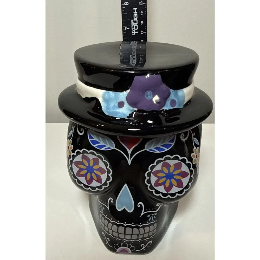 Dia De Los Muertos Sugar Skull Ceramic Canister Jar w/ Lid Top Hat Unused